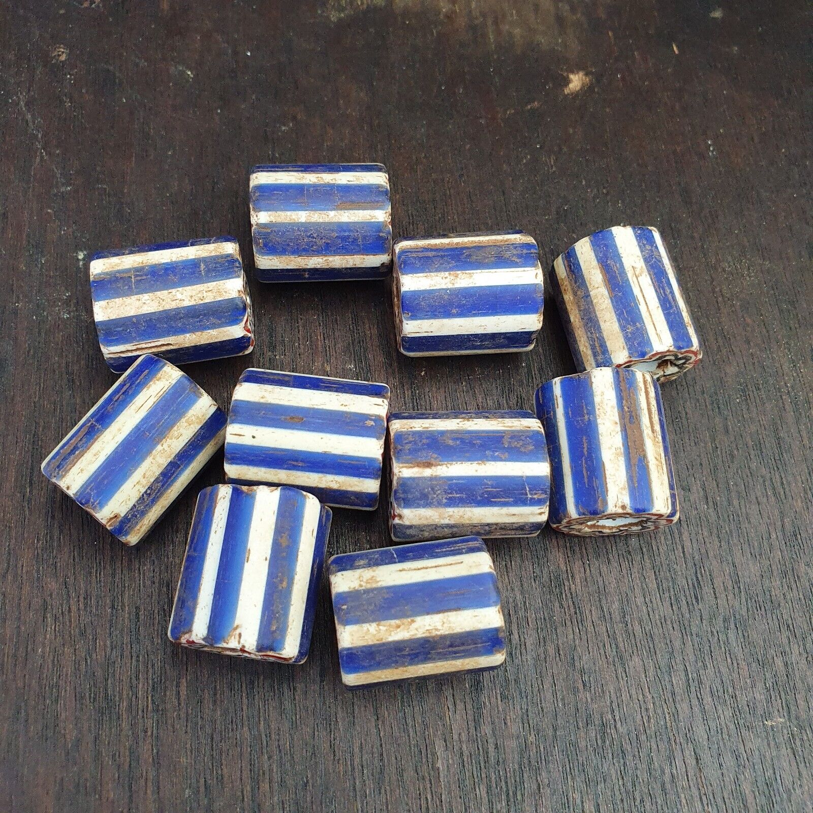 Antique Venetian Trade African Blue Glass Chevron Beads Lot 10 Beads