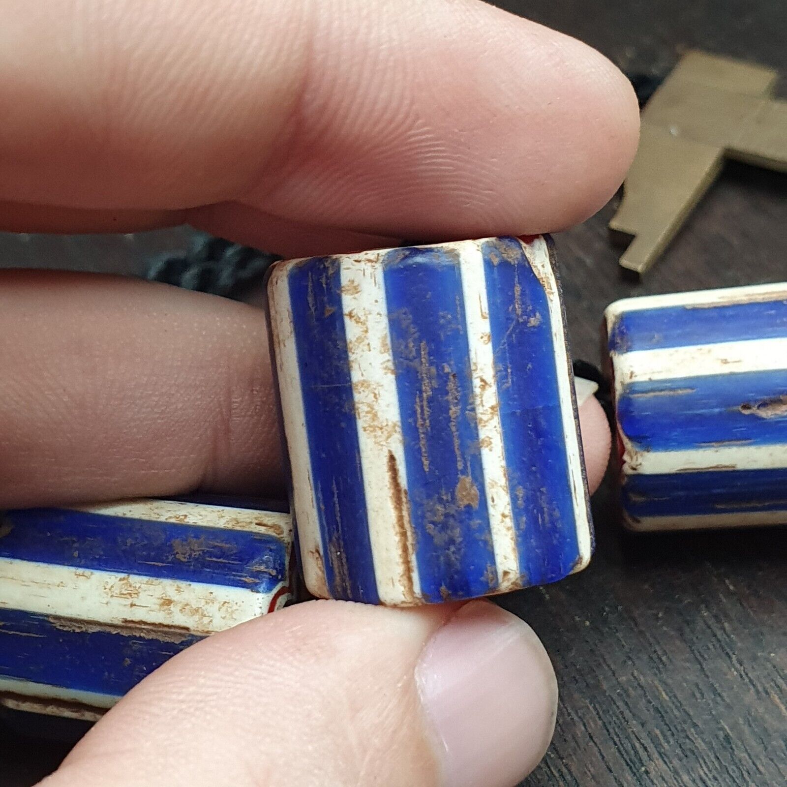 3 Beads Antique Venetian Trade African Blue Glass Chevron Beads big hole beads