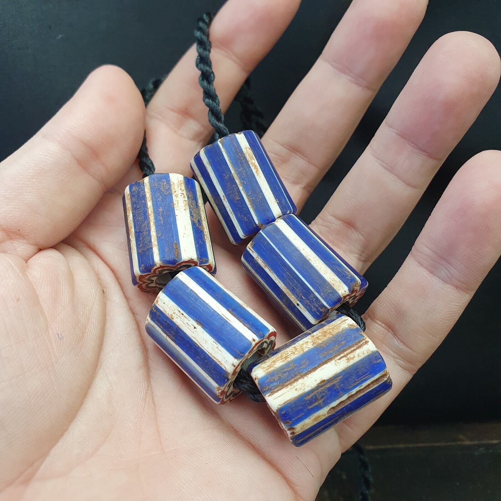 5 Antique Venetian Trade African Blue Glass Chevron Beads big hole beads