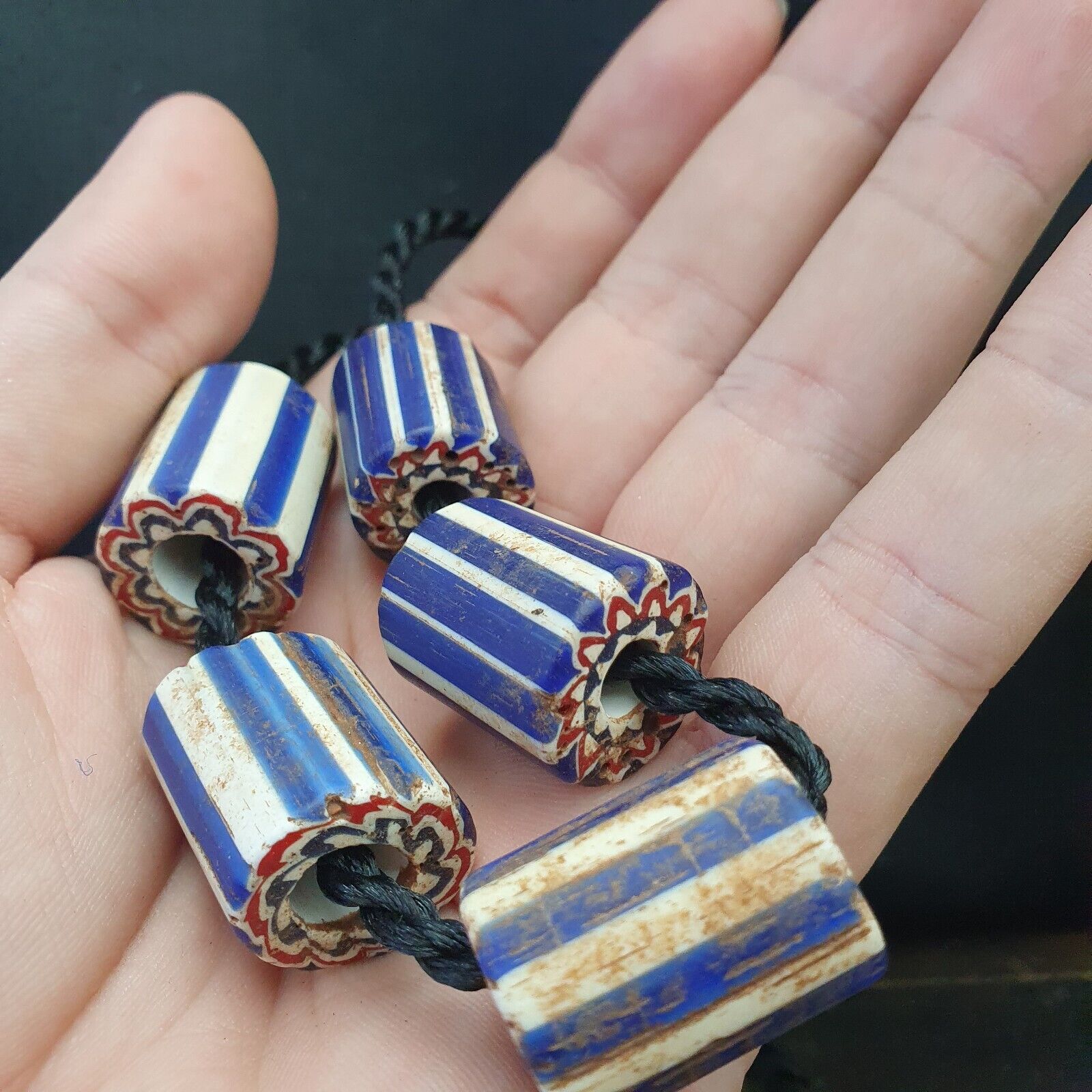 5 Antique Venetian Trade African Blue Glass Chevron Beads big hole beads