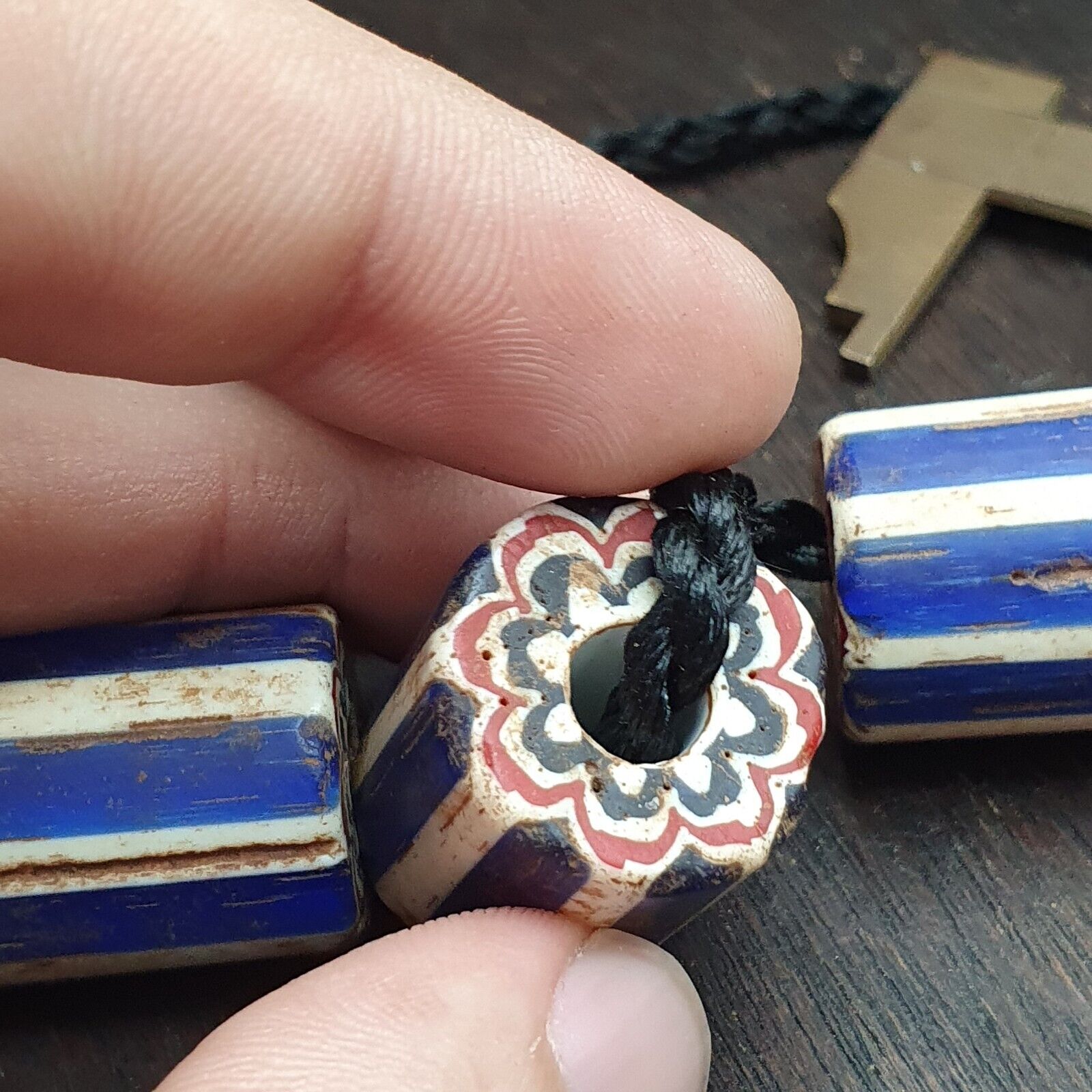 3 Beads Antique Venetian Trade African Blue Glass Chevron Beads big hole beads