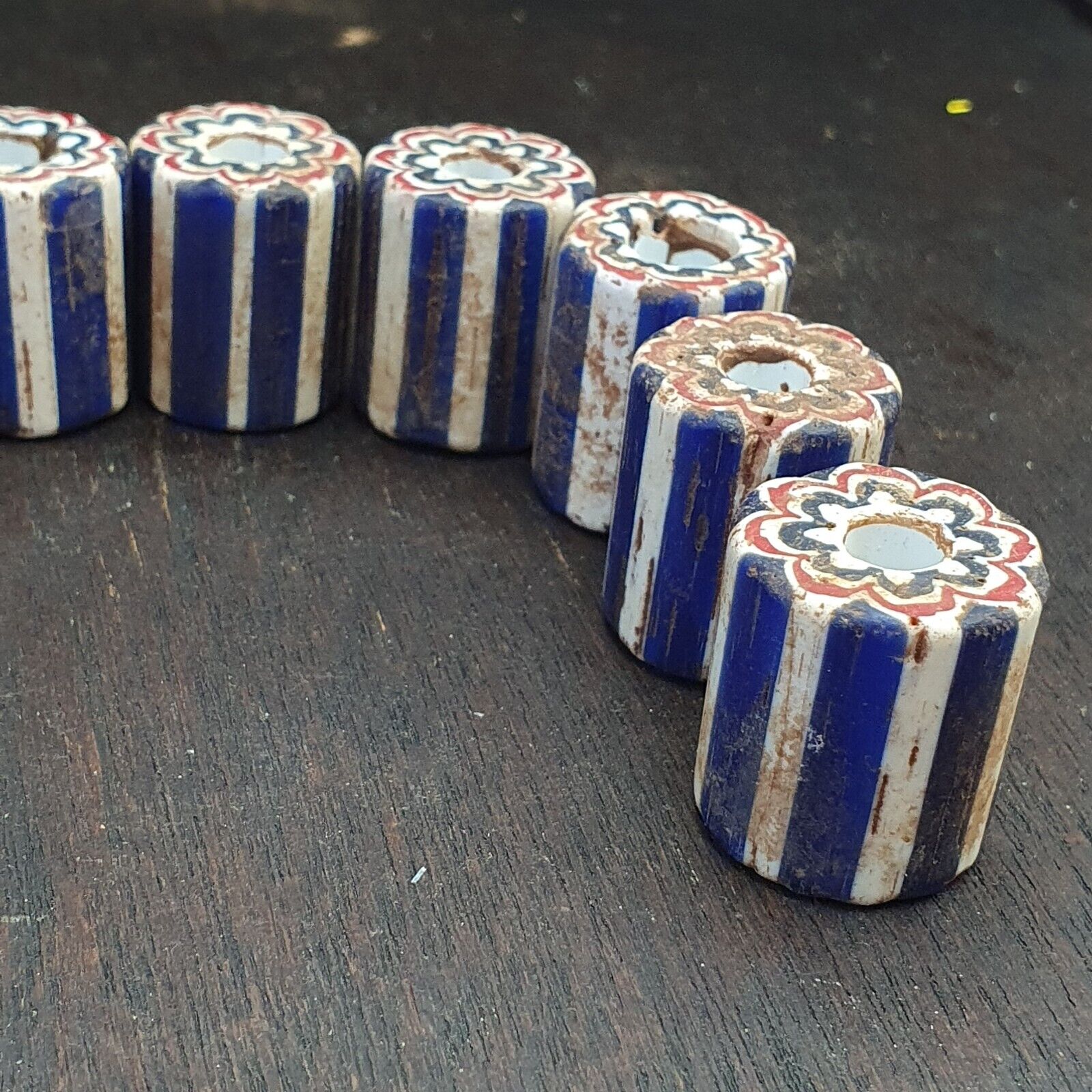 Antique Venetian Trade African Blue Glass Chevron Beads Lot 10 Beads