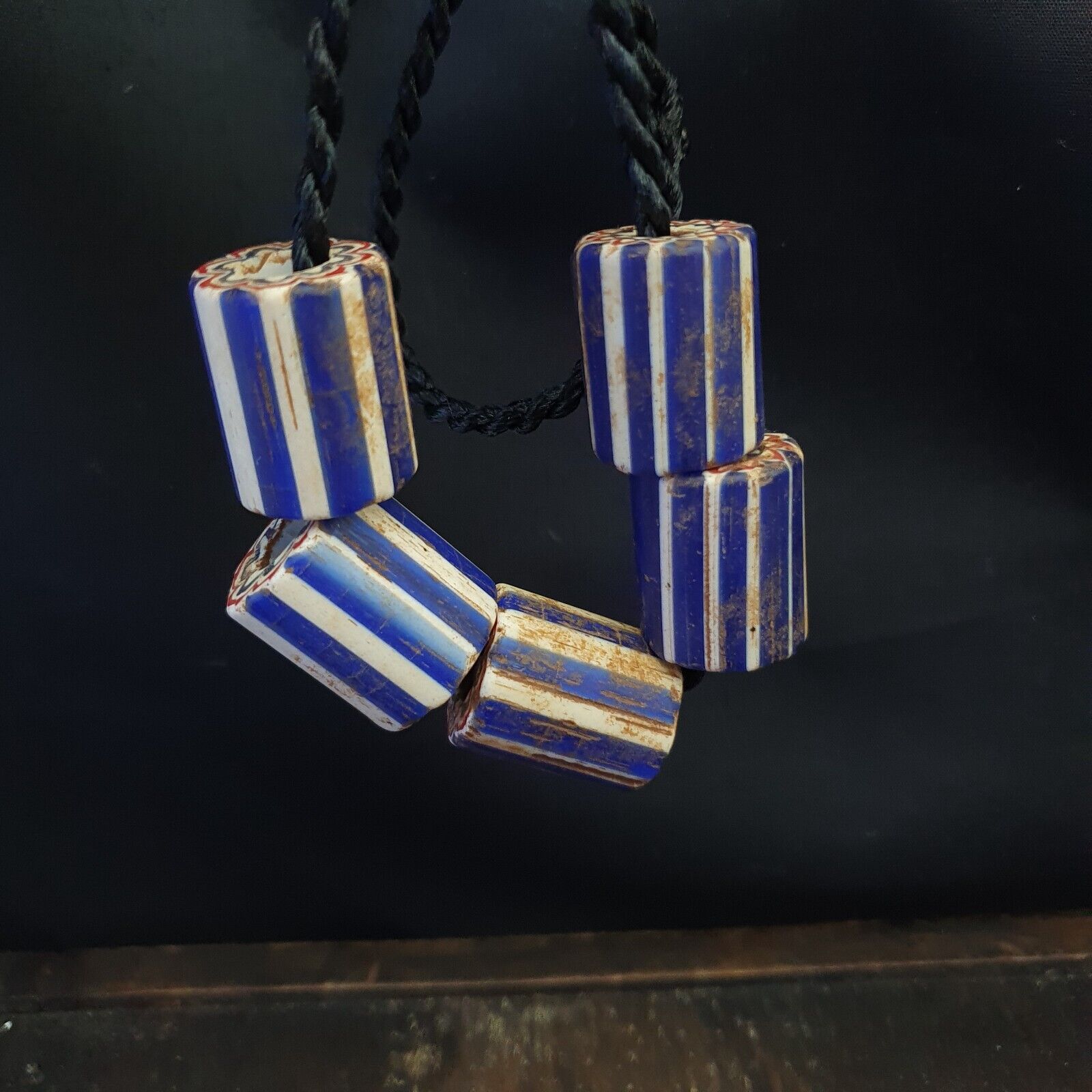 5 Antique Venetian Trade African Blue Glass Chevron Beads big hole beads