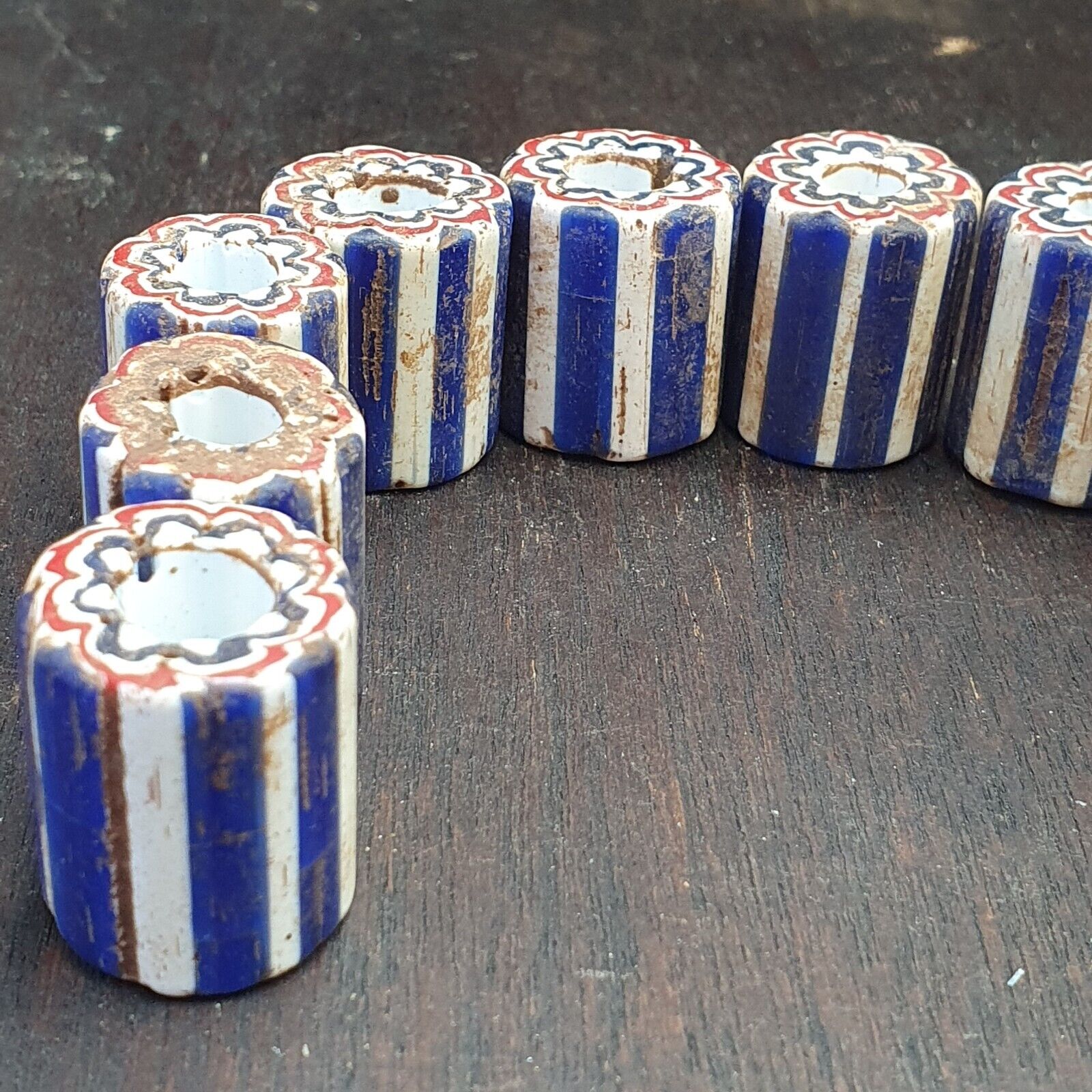 Antique Venetian Trade African Blue Glass Chevron Beads Lot 10 Beads