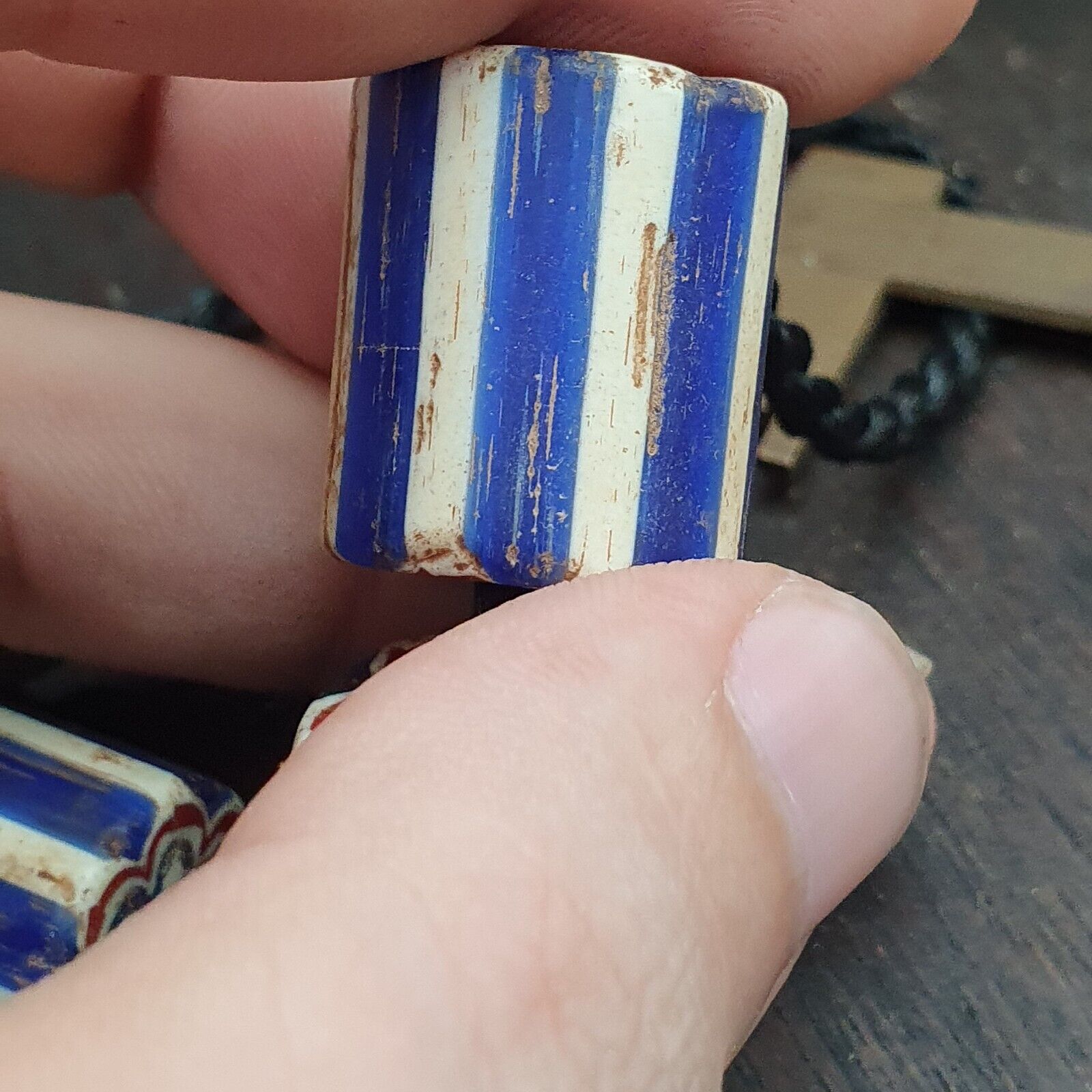 3 Beads Antique Venetian Trade African Blue Glass Chevron Beads big hole beads