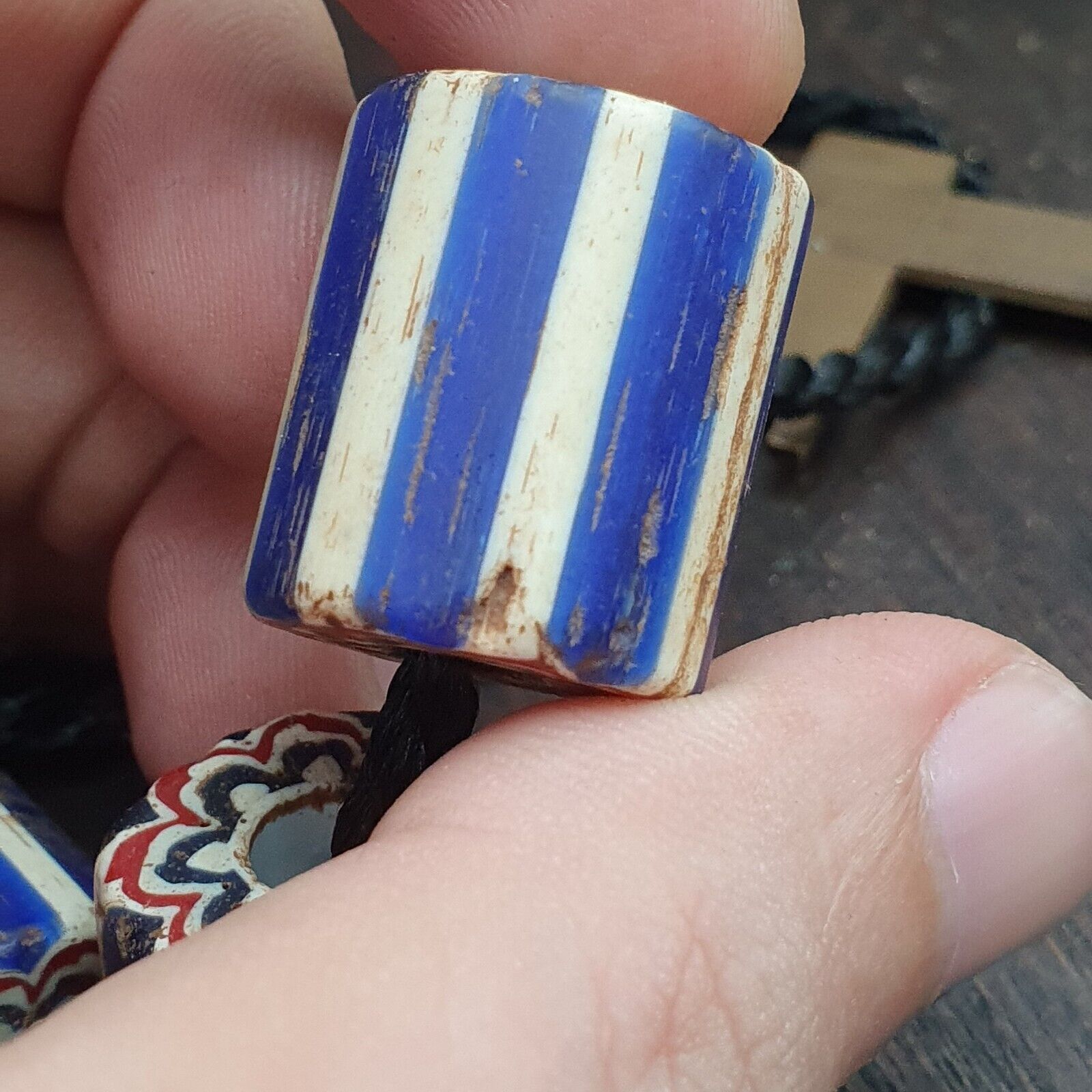 3 Beads Antique Venetian Trade African Blue Glass Chevron Beads big hole beads