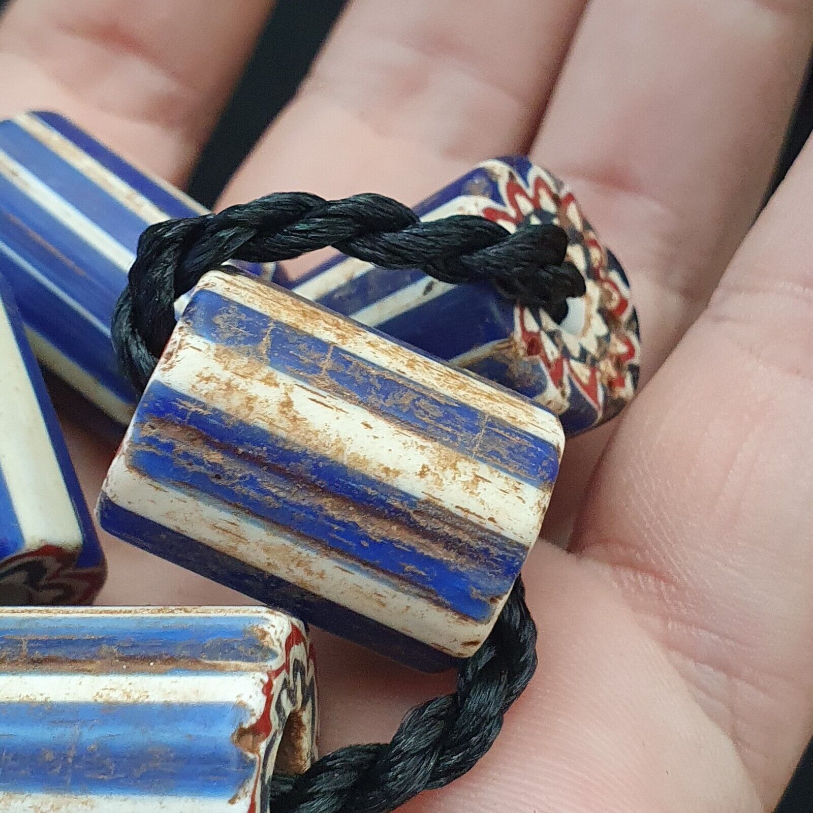 5 Antique Venetian Trade African Blue Glass Chevron Beads big hole beads