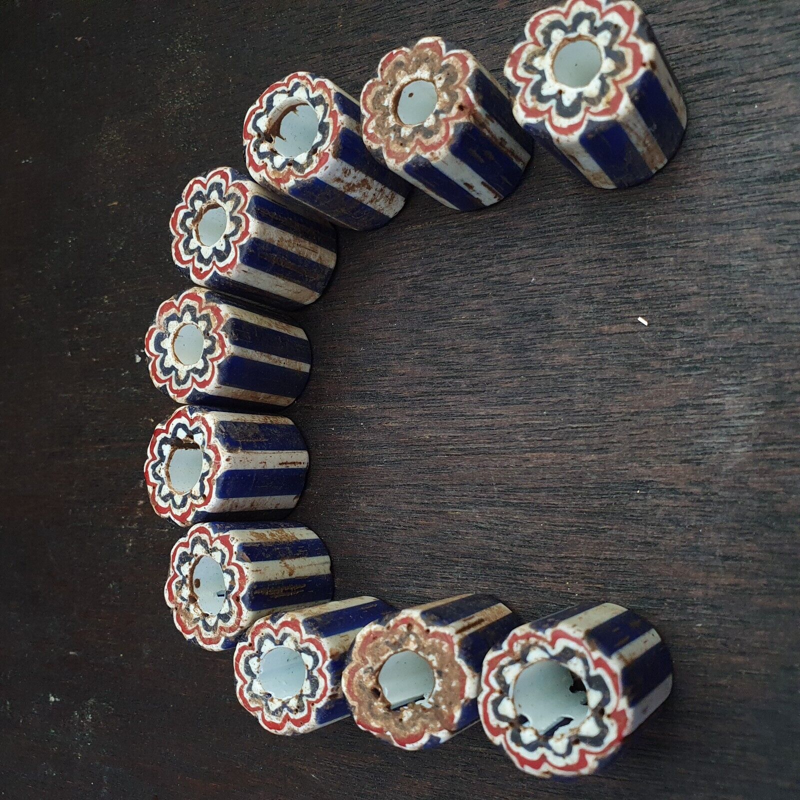 Antique Venetian Trade African Blue Glass Chevron Beads Lot 10 Beads