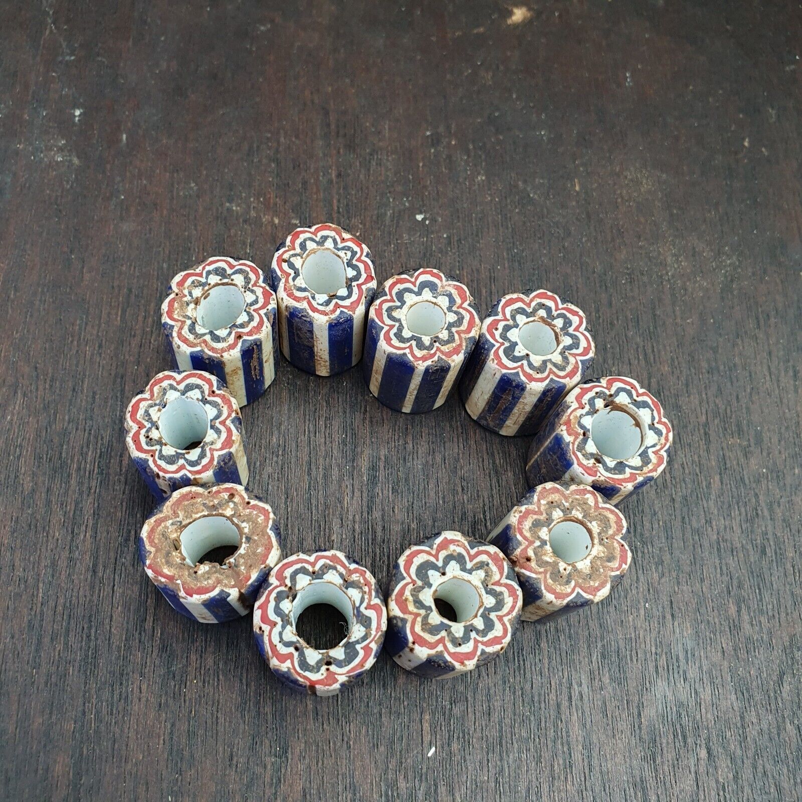 Antique Venetian Trade African Blue Glass Chevron Beads Lot 10 Beads