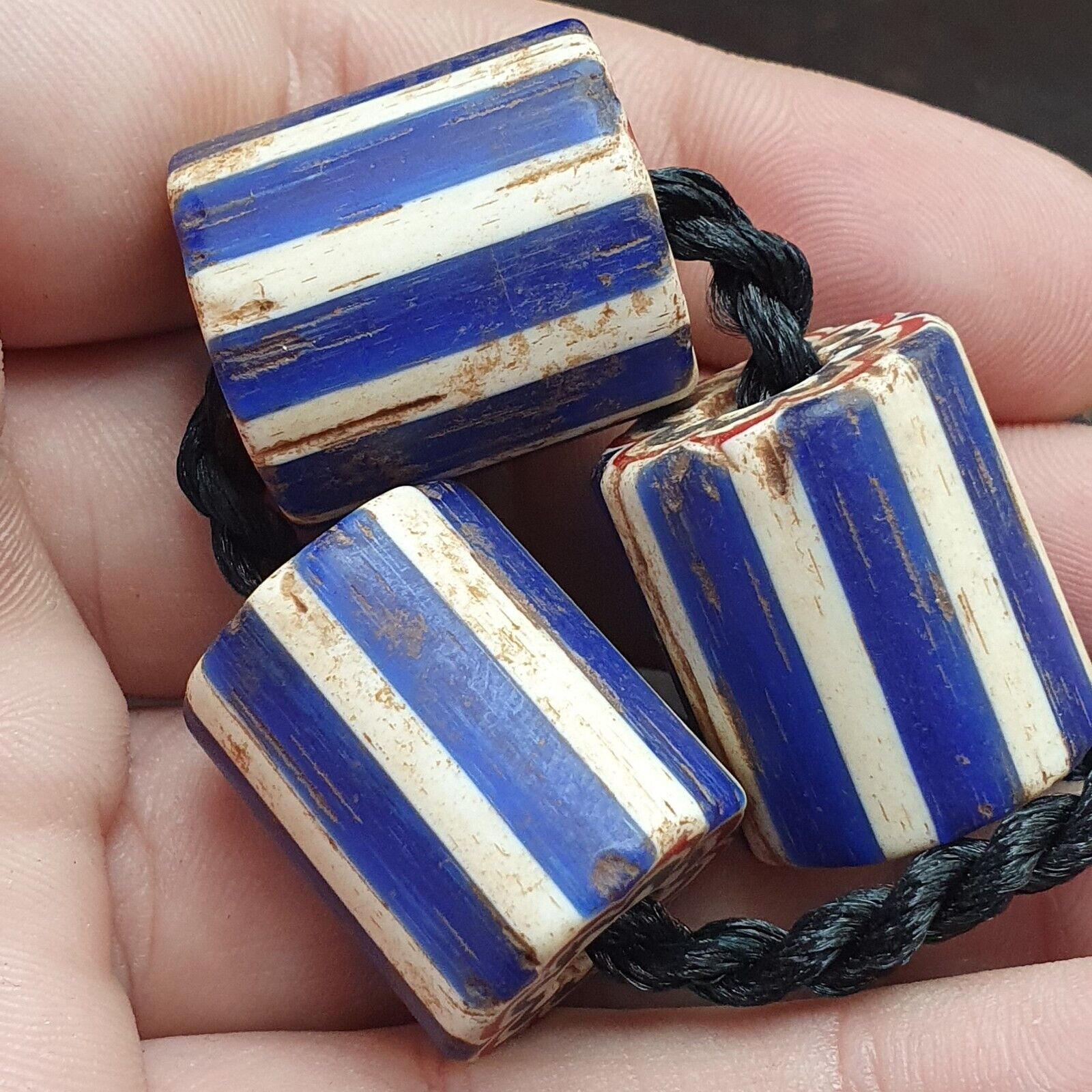 3 Beads Antique Venetian Trade African Blue Glass Chevron Beads big hole beads