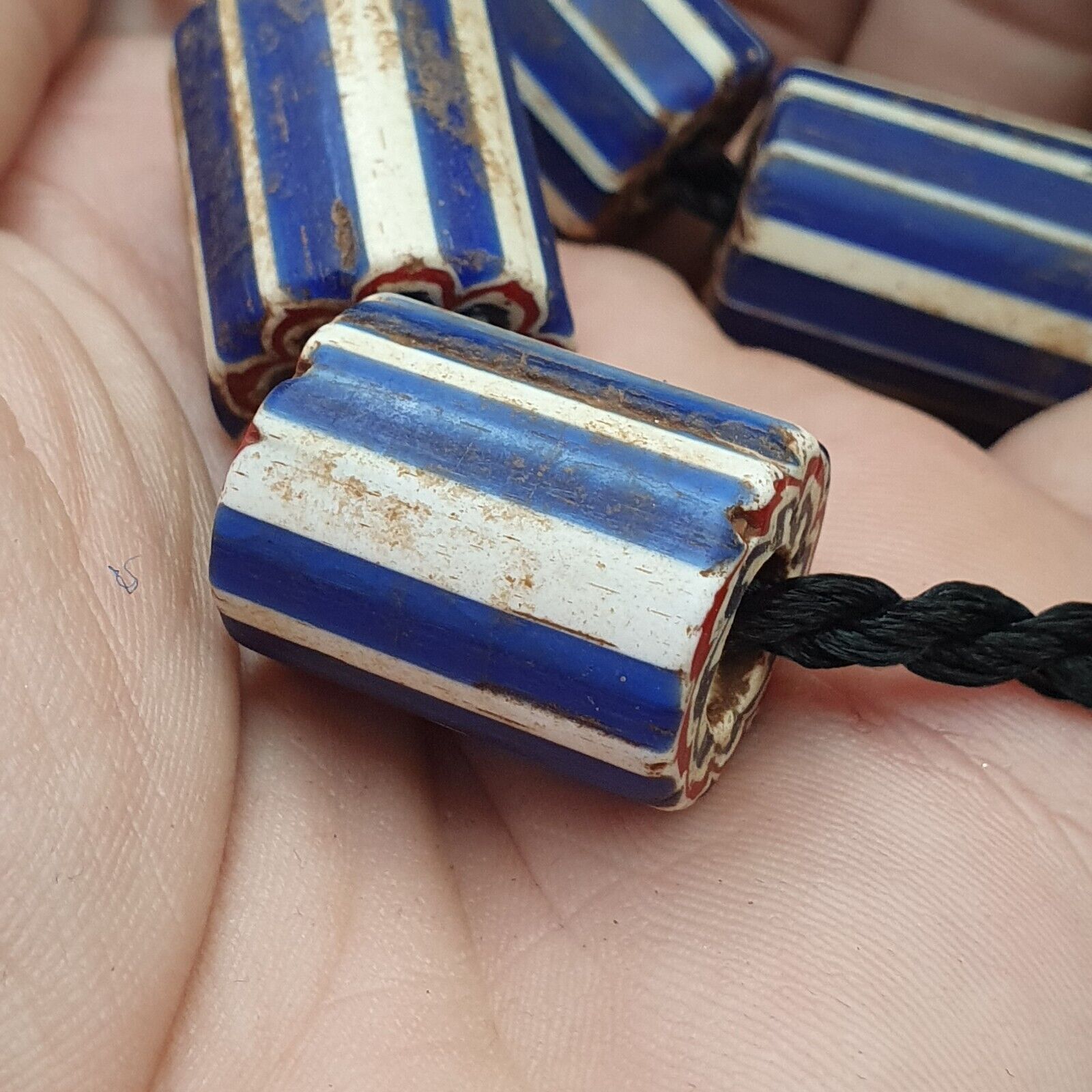 5 Antique Venetian Trade African Blue Glass Chevron Beads big hole beads