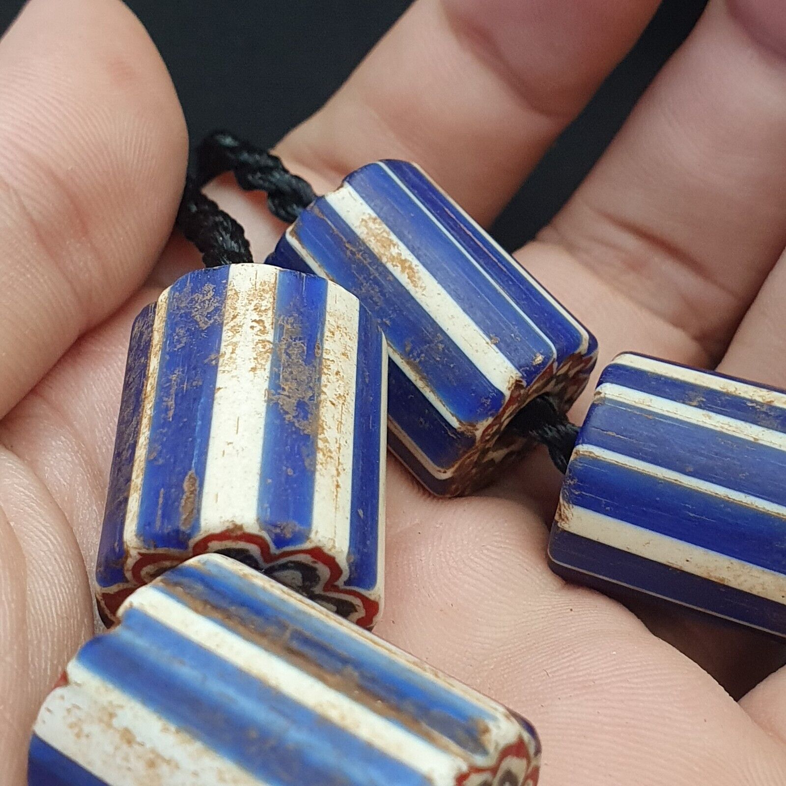 5 Antique Venetian Trade African Blue Glass Chevron Beads big hole beads