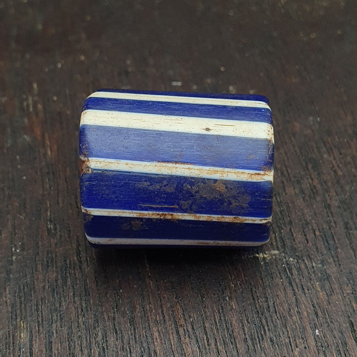 Antique Venetian Trade African Blue Glass Chevron Bead big hole bead