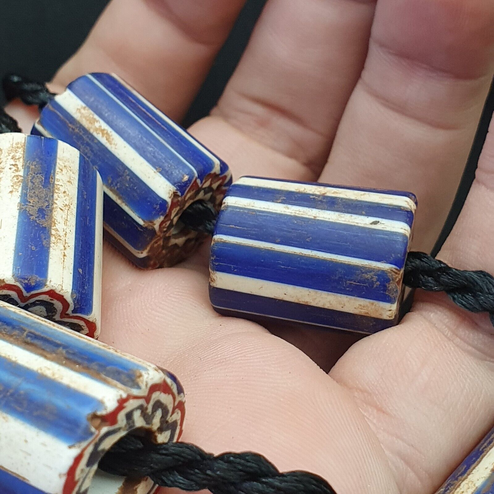 5 Antique Venetian Trade African Blue Glass Chevron Beads big hole beads
