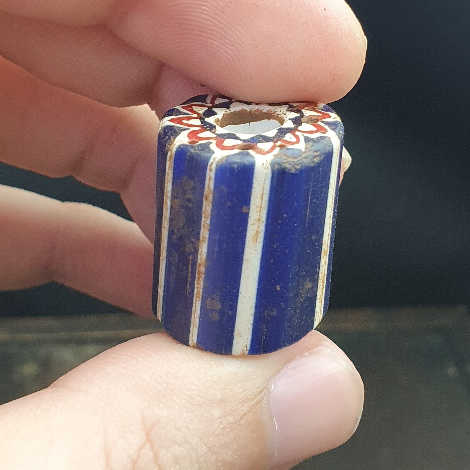Antique Venetian Trade African Blue Glass Chevron Bead big hole bead
