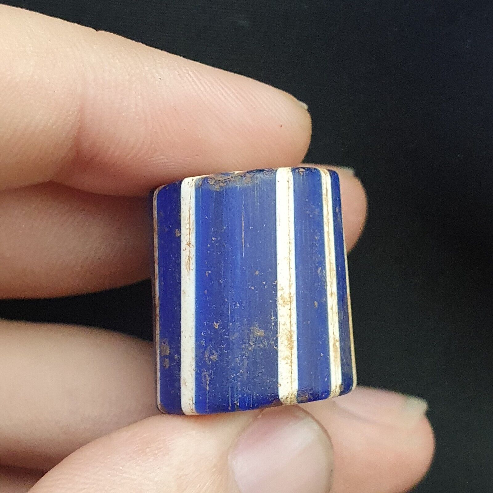 Antique Venetian Trade African Blue Glass Chevron Bead big hole bead