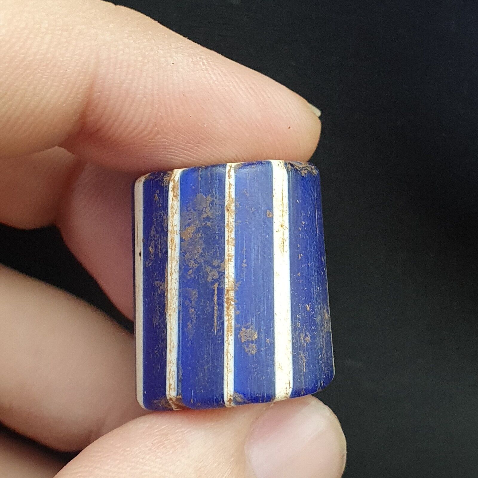 Antique Venetian Trade African Blue Glass Chevron Bead big hole bead