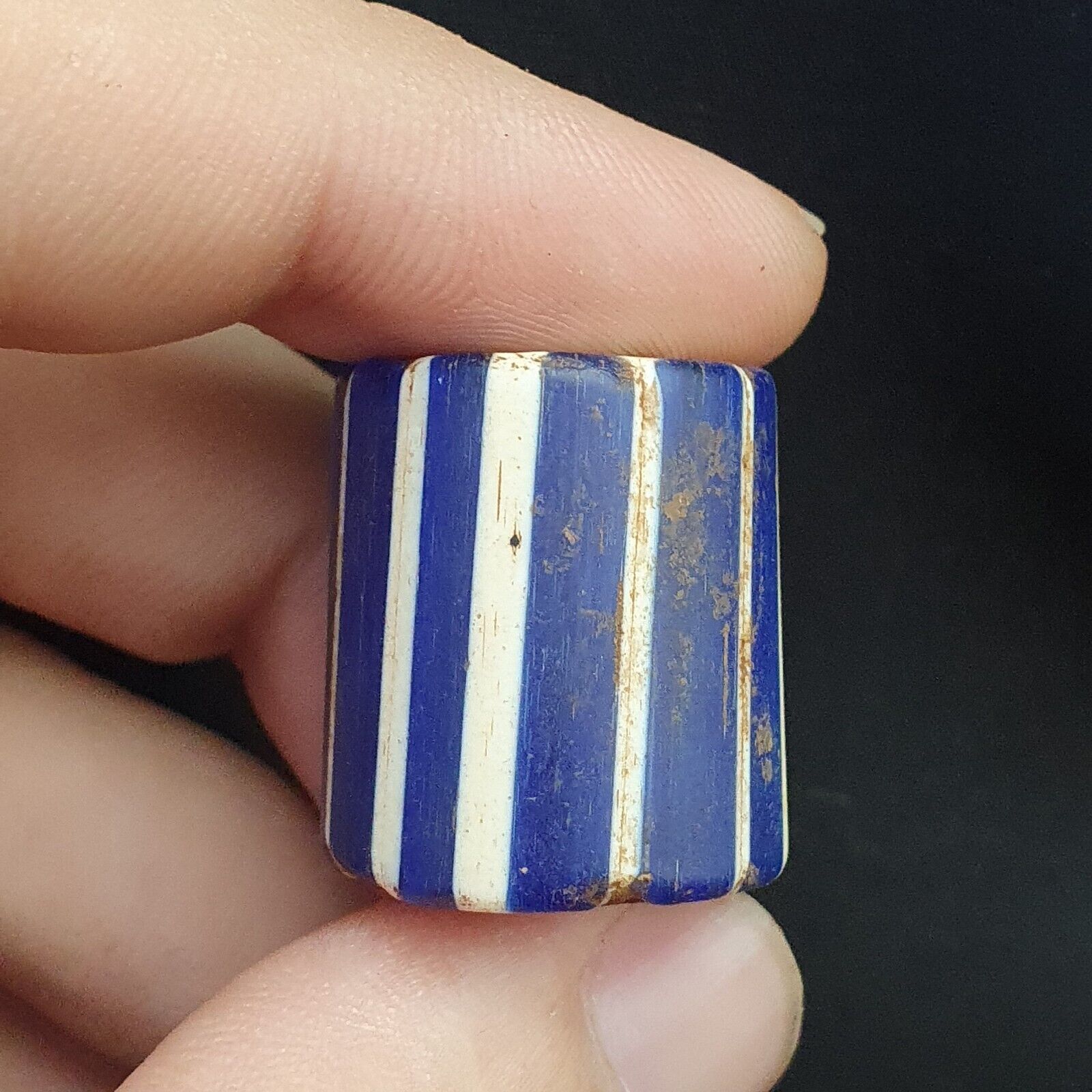 Antique Venetian Trade African Blue Glass Chevron Bead big hole bead