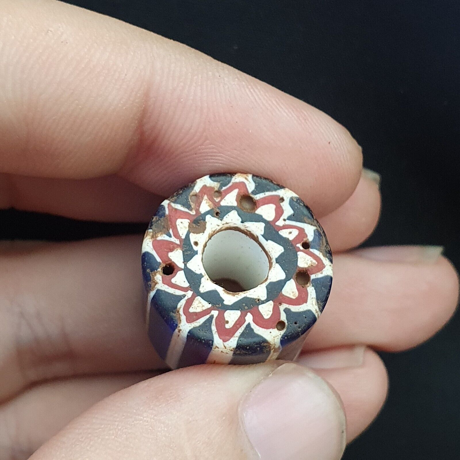Antique Venetian Trade African Blue Glass Chevron Bead big hole bead