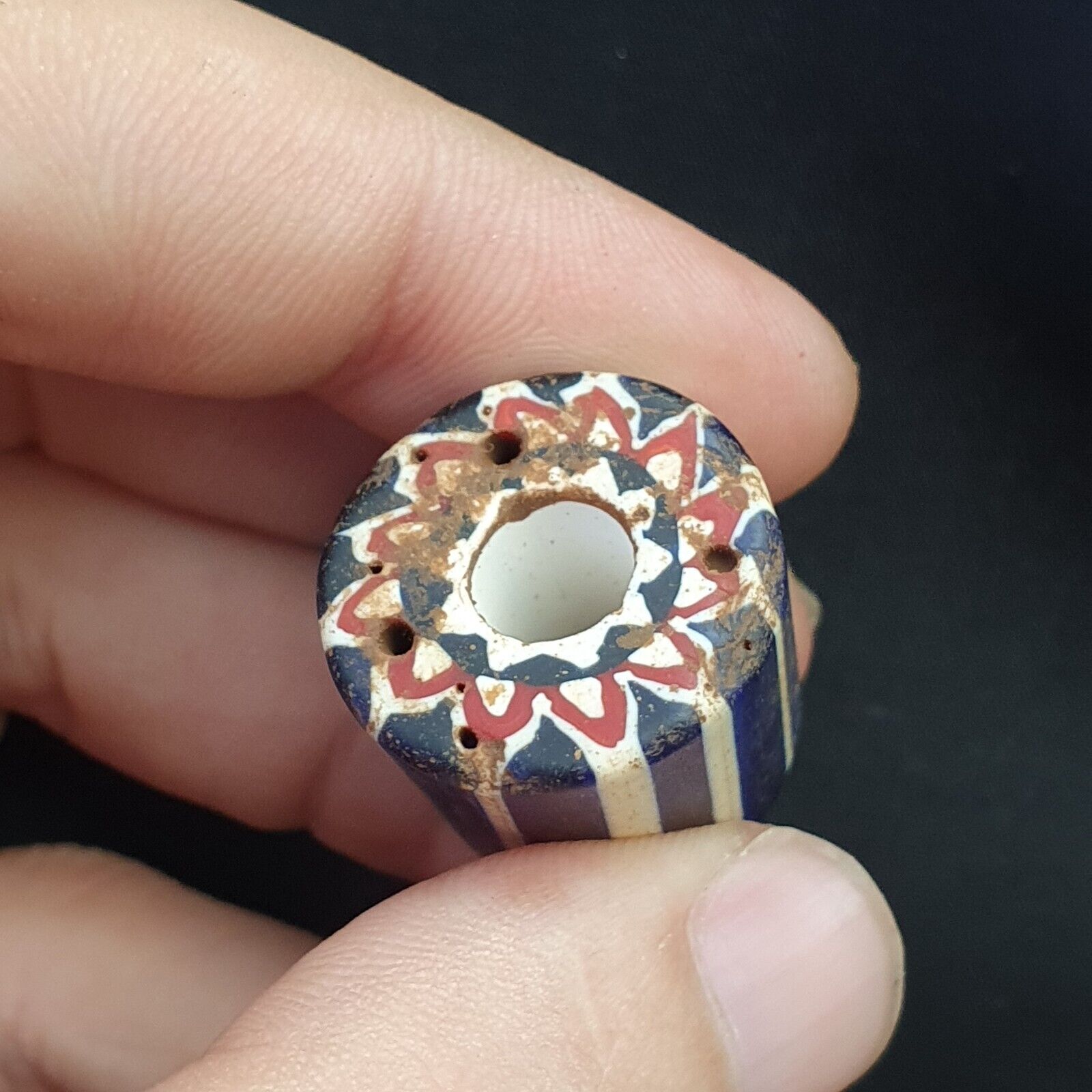 Antique Venetian Trade African Blue Glass Chevron Bead big hole bead