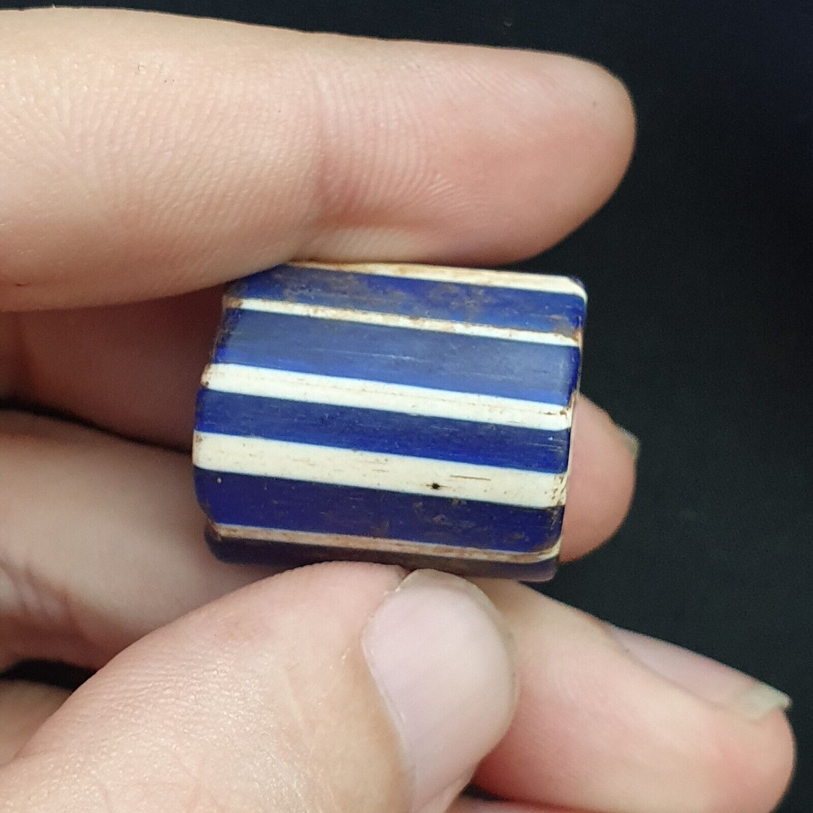 Antique Venetian Trade African Blue Glass Chevron Bead big hole bead