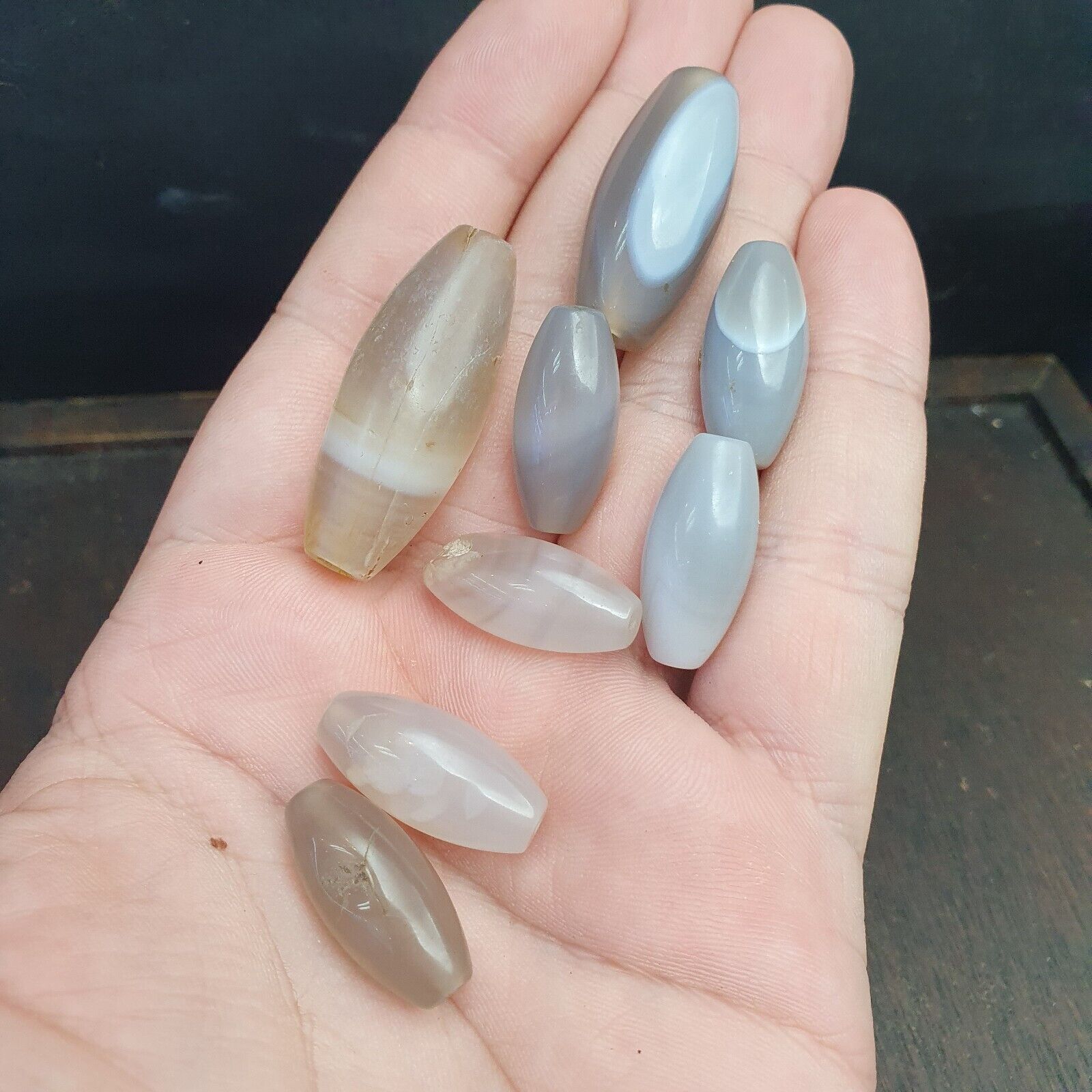 Lot 8 Ancient Antique Persian Himalayan Gray Blue Agate Beads