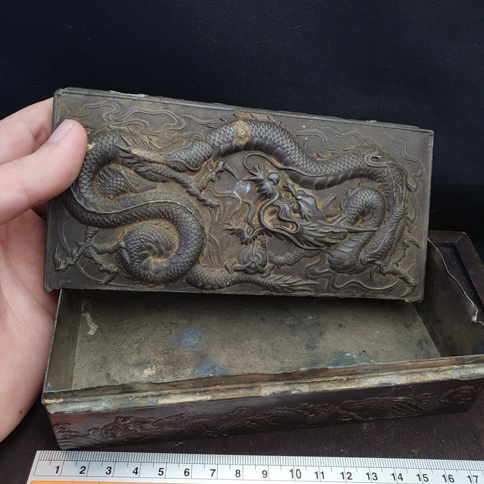 Antique Chinese Export Bronze Box W/dragon Decoration Rare Finds