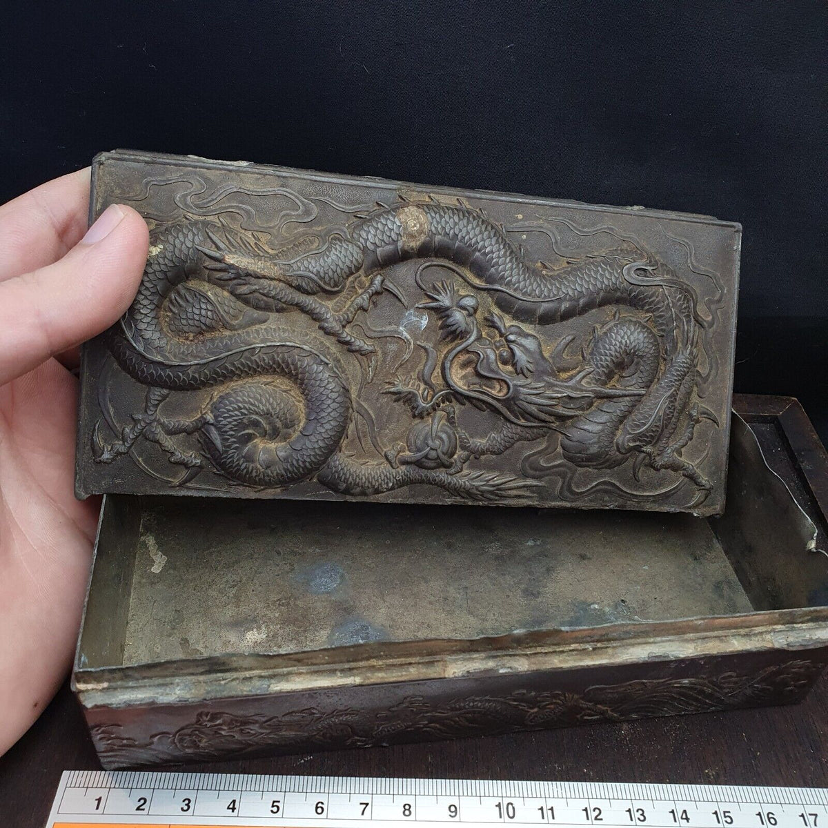 Antique Chinese Export Bronze Box w/Dragon Decoration Rare Finds