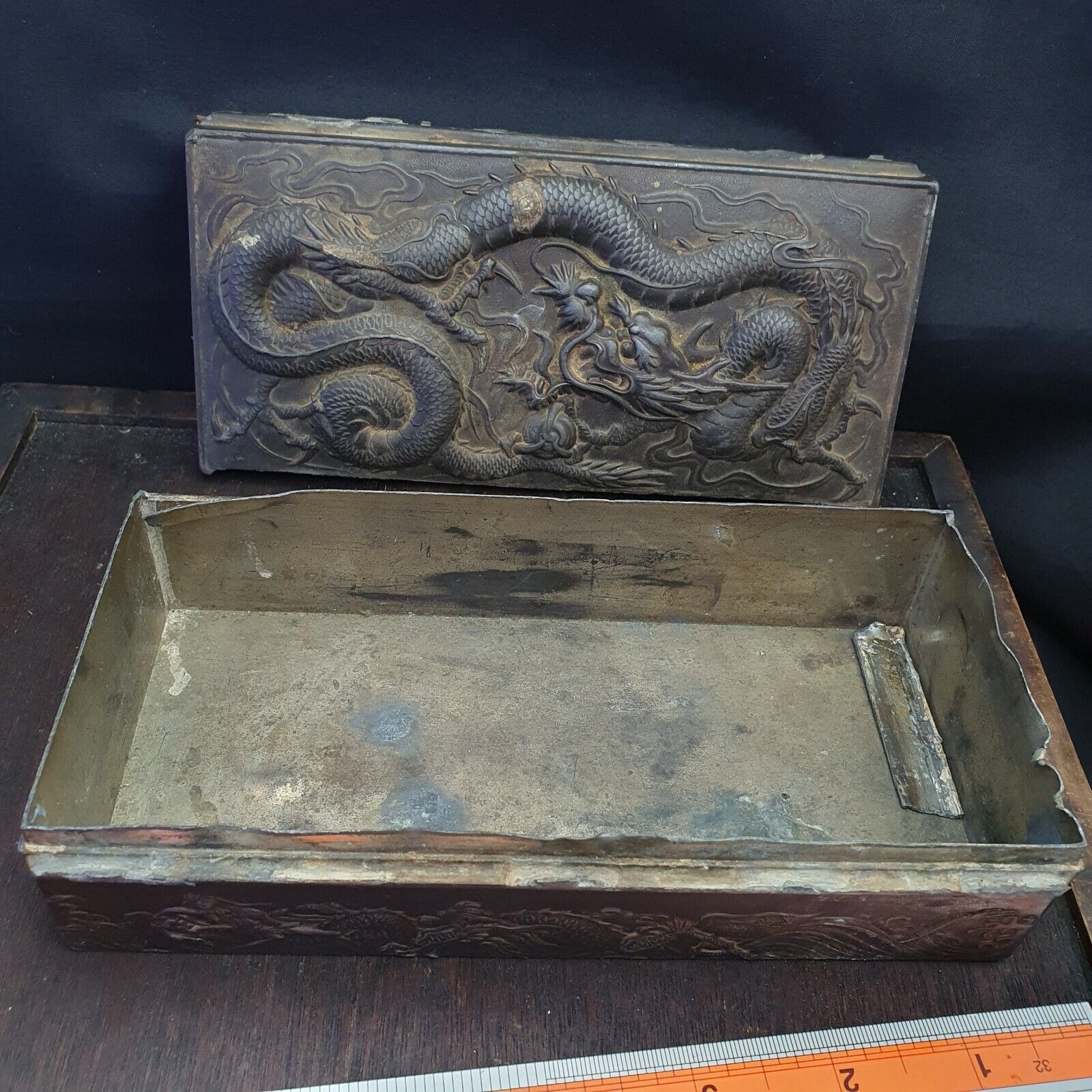 Antique Chinese Export Bronze Box w/Dragon Decoration Rare Finds