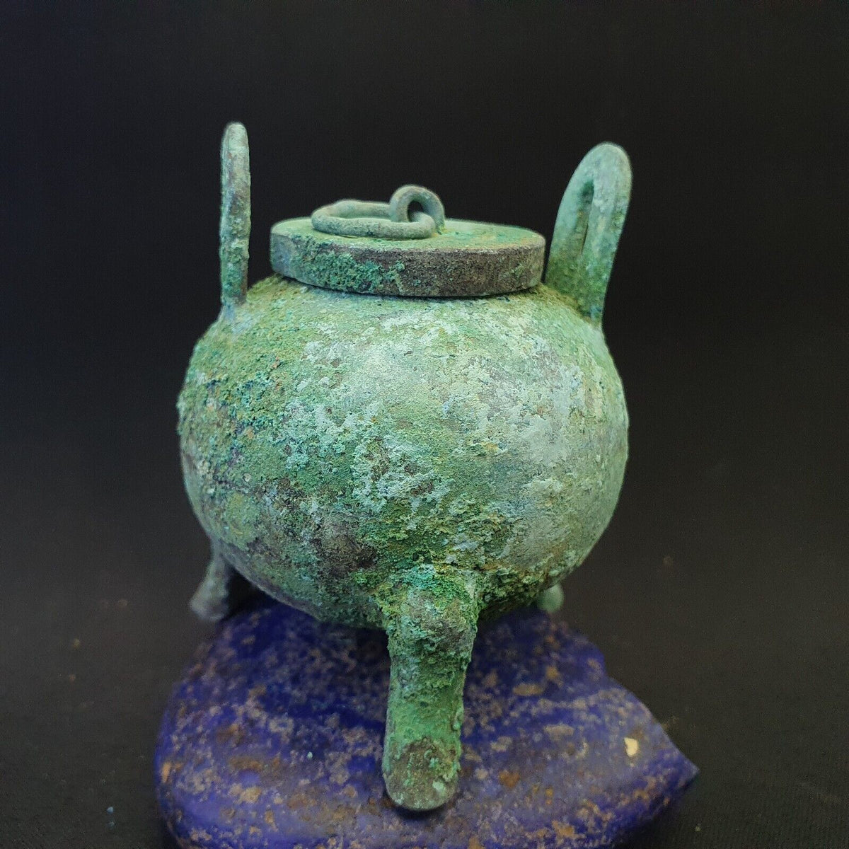 Antique Bronze Medicine or Fragrance Pot with Handles Green Rusted Patina
