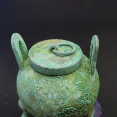 Antique Bronze Medicine or fragrance POT with Handles Green Rusted Patina