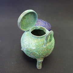 Antique Bronze Medicine or fragrance POT with Handles Green Rusted Patina
