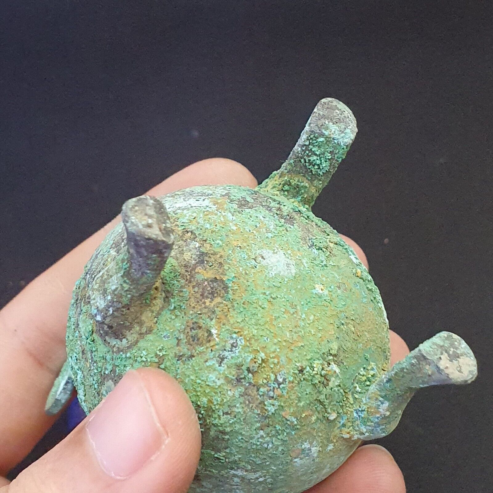 Antique Bronze Medicine or fragrance POT with Handles Green Rusted Patina