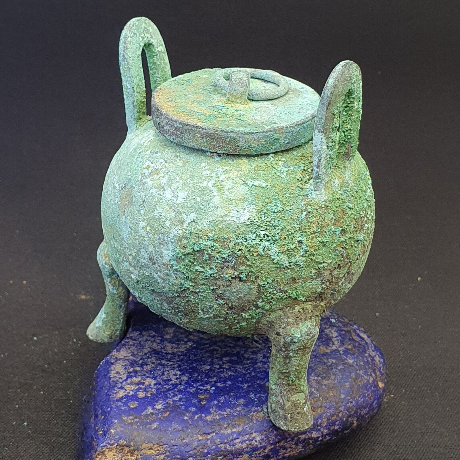 Antique Bronze Medicine or fragrance POT with Handles Green Rusted Patina