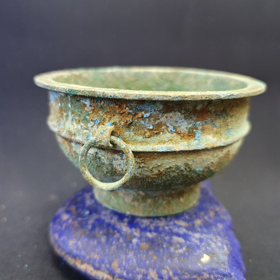 East Oasis Ancient Antique Bronze Medicine Bowl with Handles - Green Rusted Patina