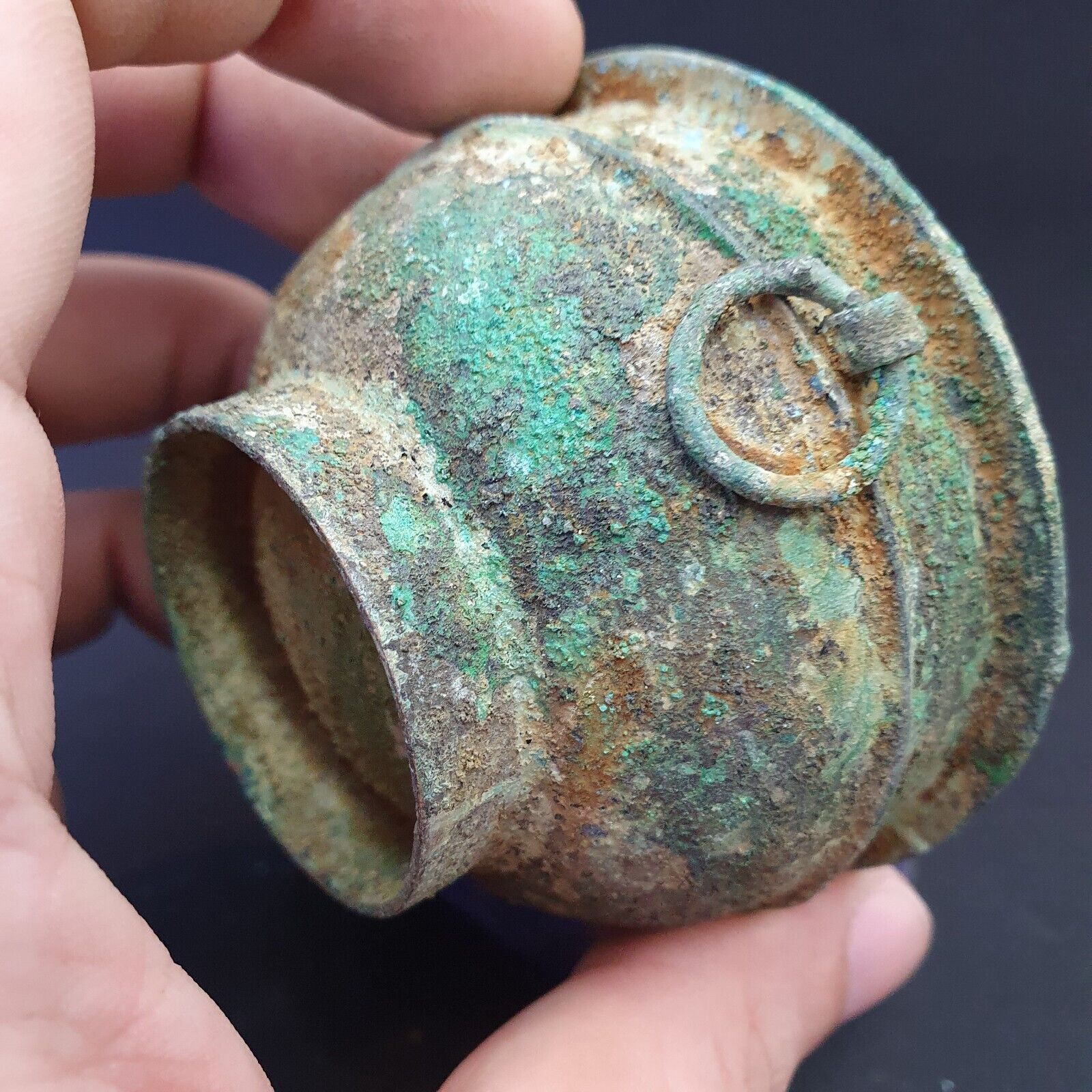 Ancient Antique Bronze Medicine Bowl with Handles Green Rusted Patina