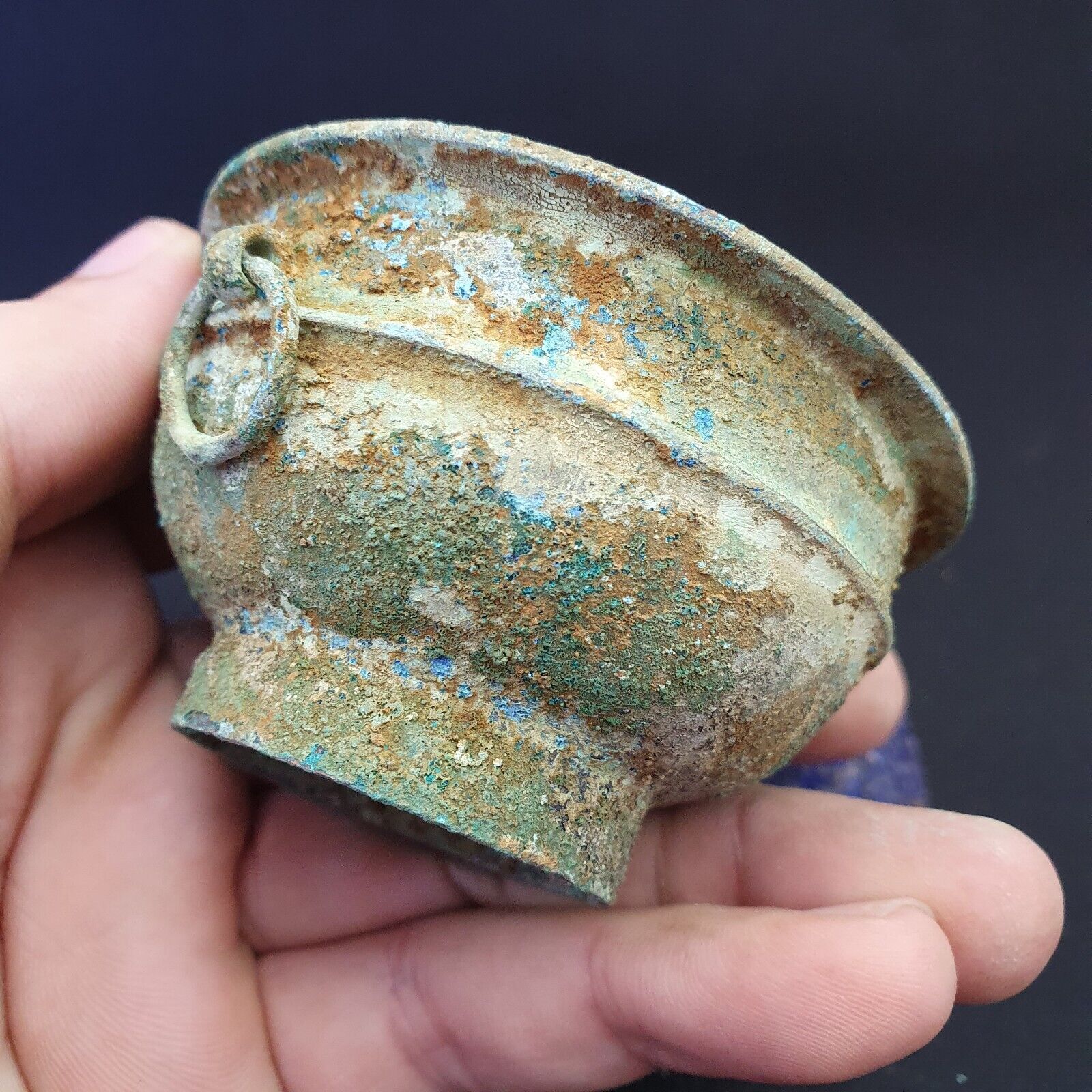 Ancient Antique Bronze Medicine Bowl with Handles Green Rusted Patina