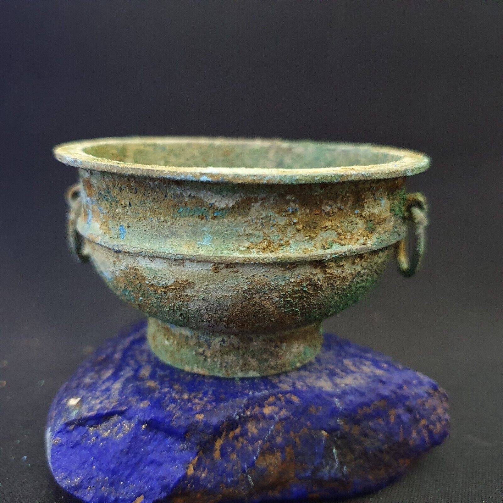 Ancient Antique Bronze Medicine Bowl with Handles Green Rusted Patina
