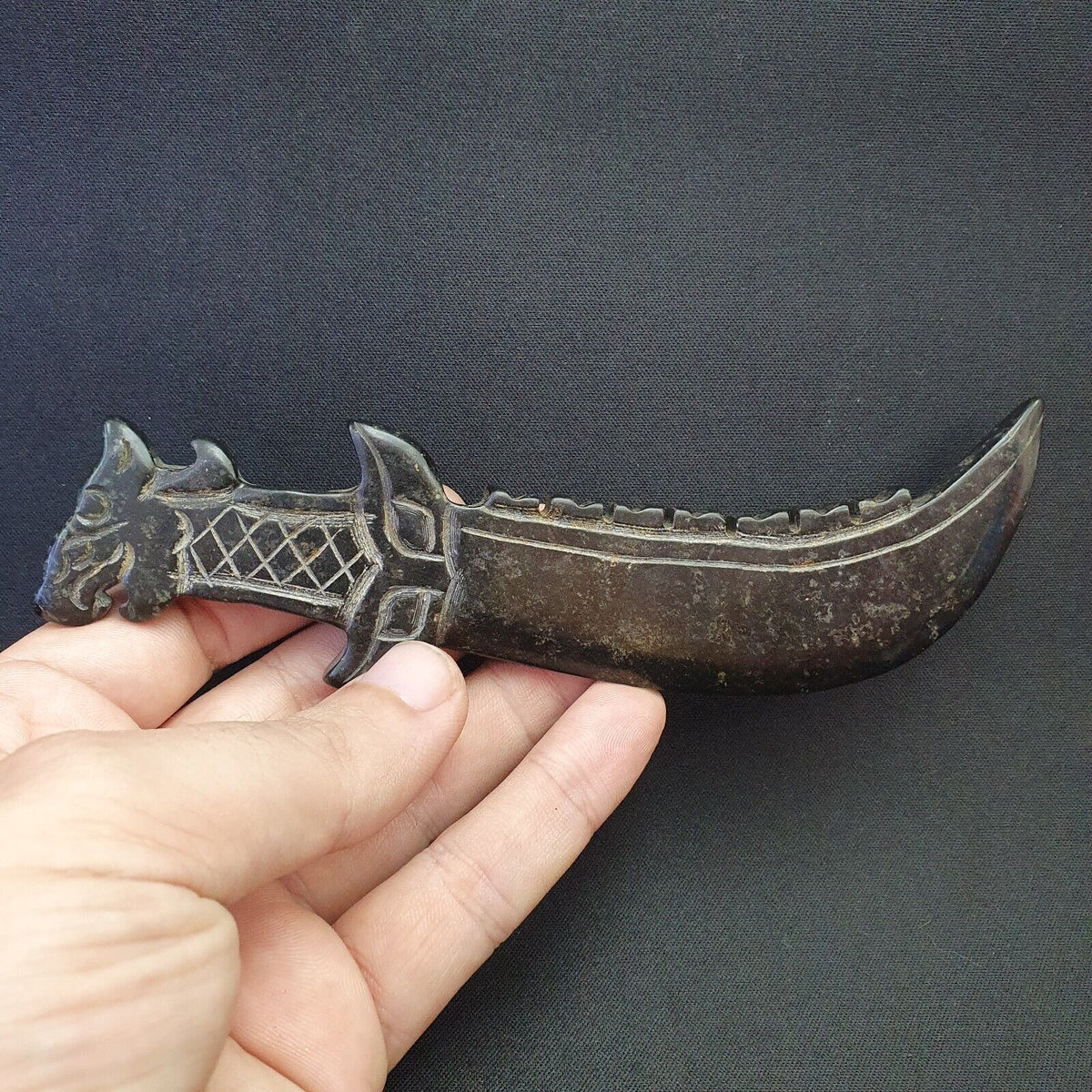Antique Black Stone Jade Stone hand carved Mystic Creature Knife