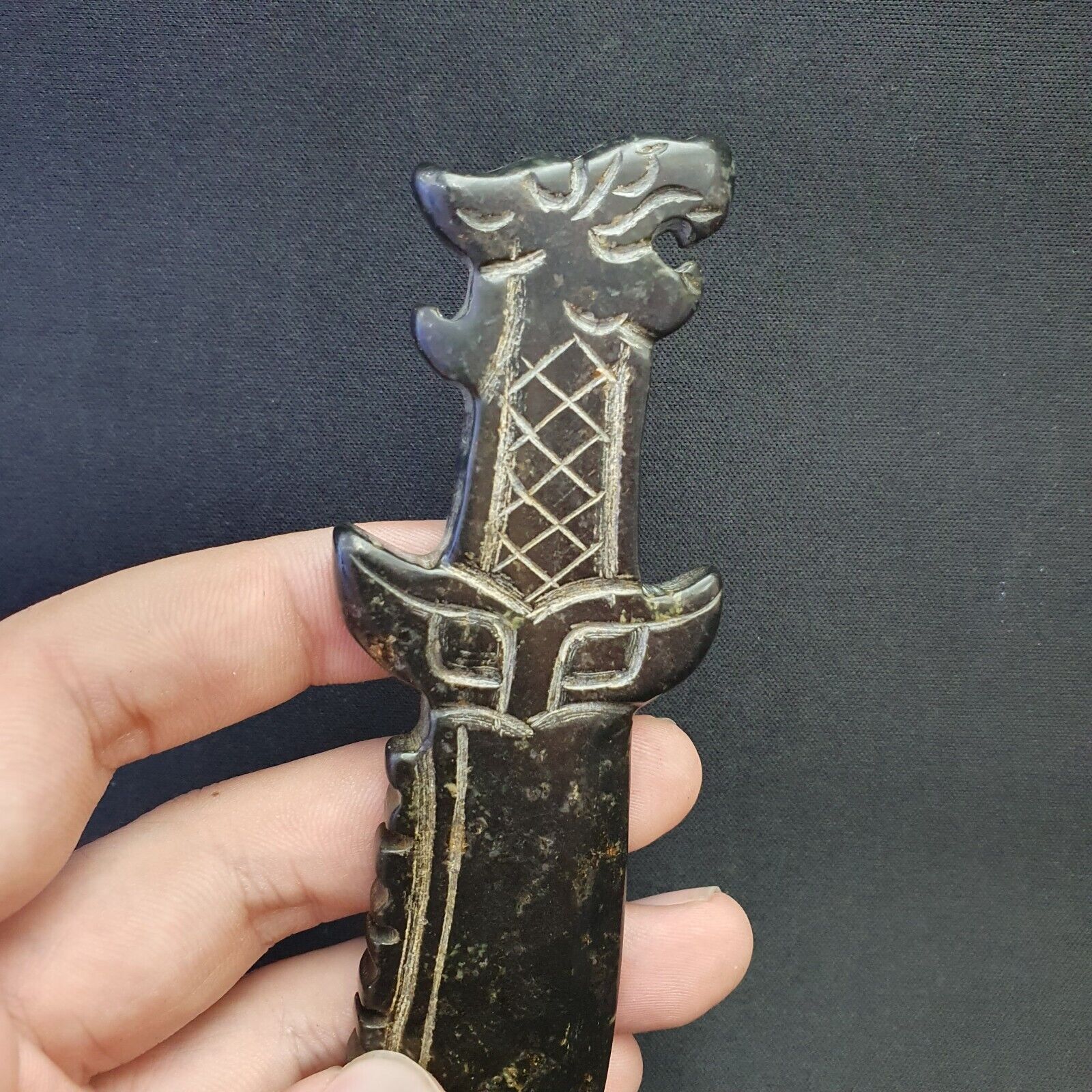 Antique Black Stone Jade Stone hand carved Mystic Creature Knife