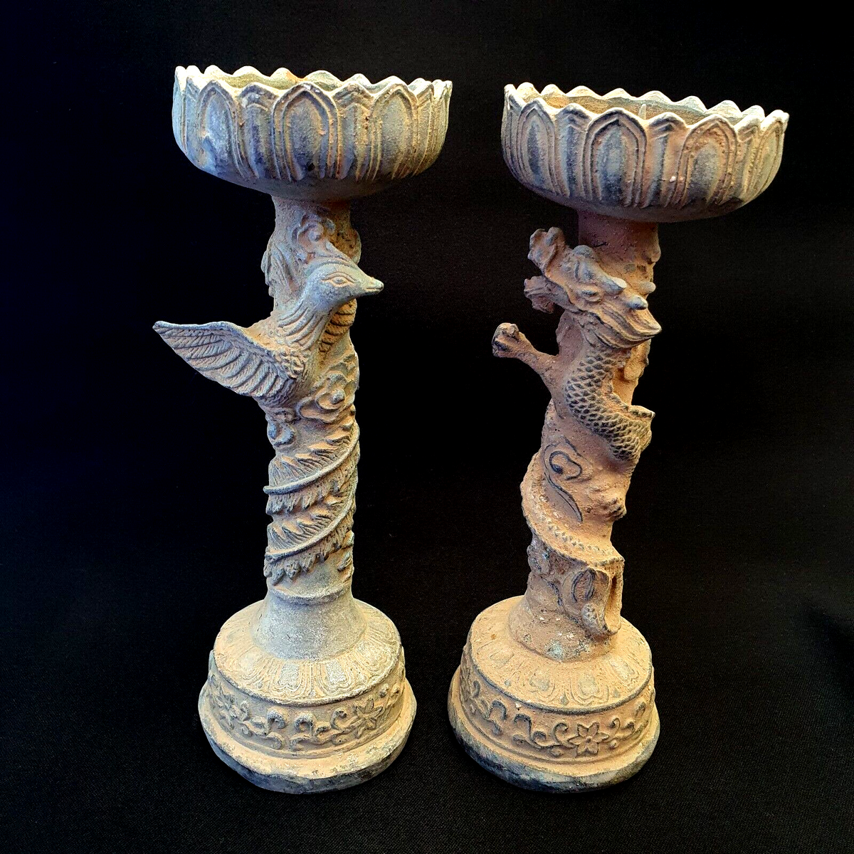 Pair of Antique Bronze Figural Candle Stick Holders Dragon And Bird Figurine