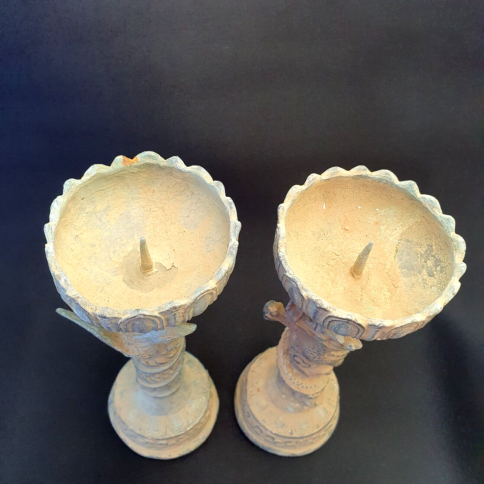 Pair of Antique Bronze Figural Candle Stick Holders Dragon And Bird Figurine