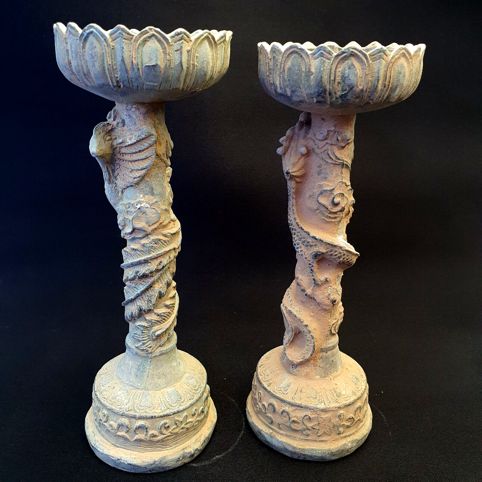 Pair of Antique Bronze Figural Candle Stick Holders Dragon And Bird Figurine
