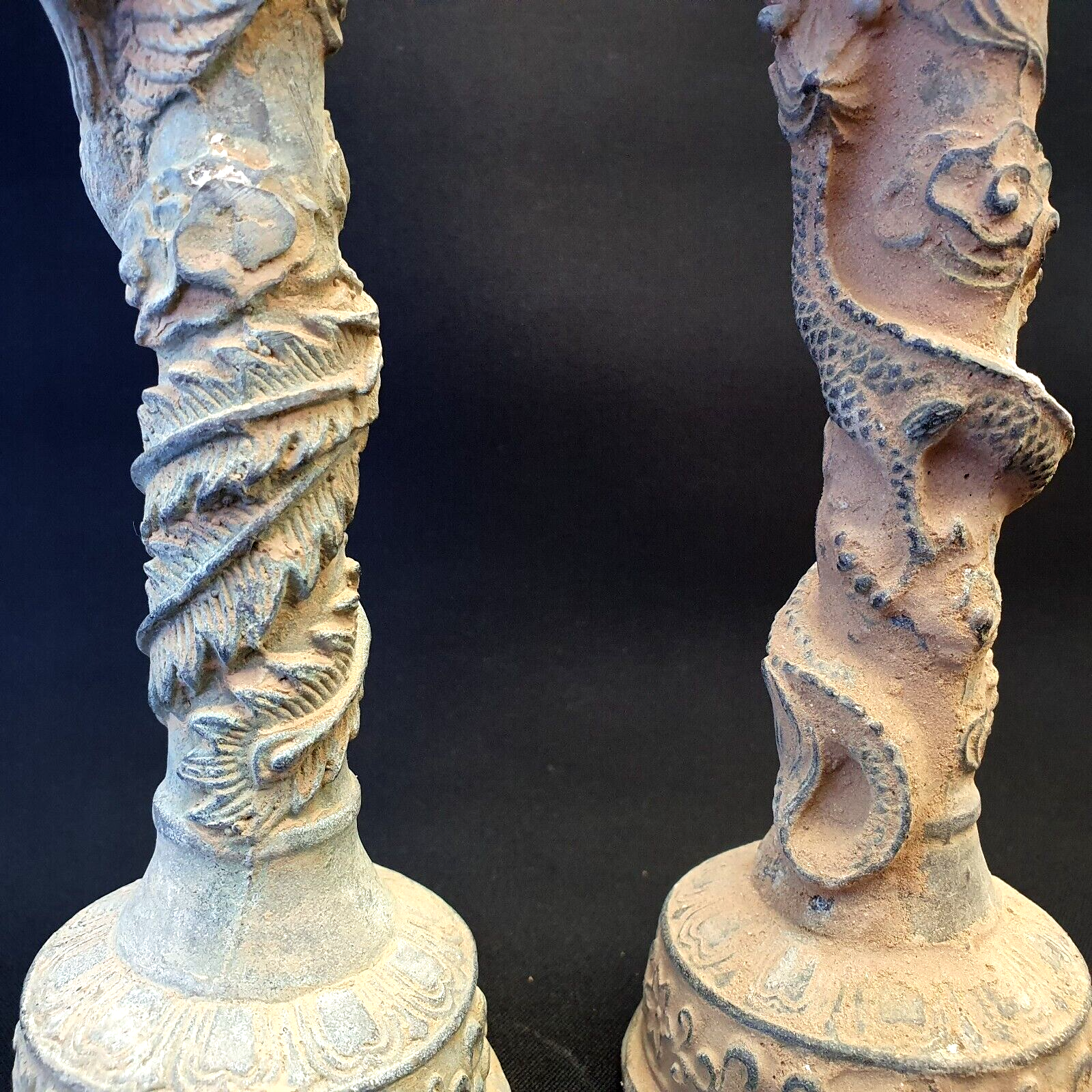 Pair of Antique Bronze Figural Candle Stick Holders Dragon And Bird Figurine