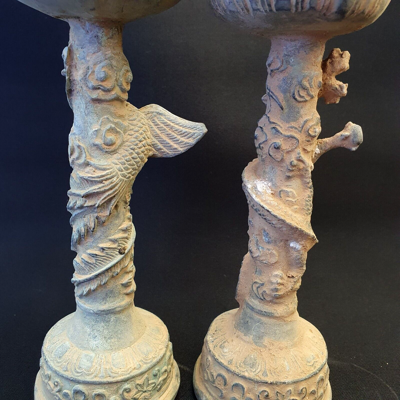 Pair of Antique Bronze Figural Candle Stick Holders Dragon And Bird Figurine