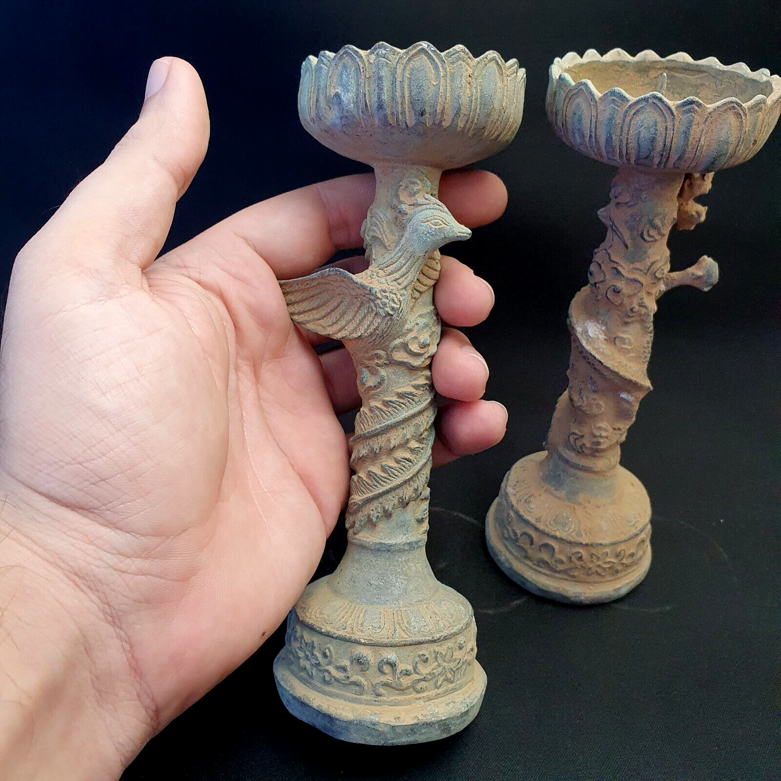 Pair of Antique Bronze Figural Candle Stick Holders Dragon And Bird Figurine