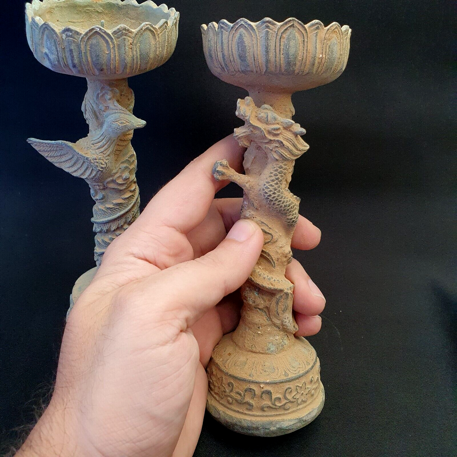 Pair of Antique Bronze Figural Candle Stick Holders Dragon And Bird Figurine