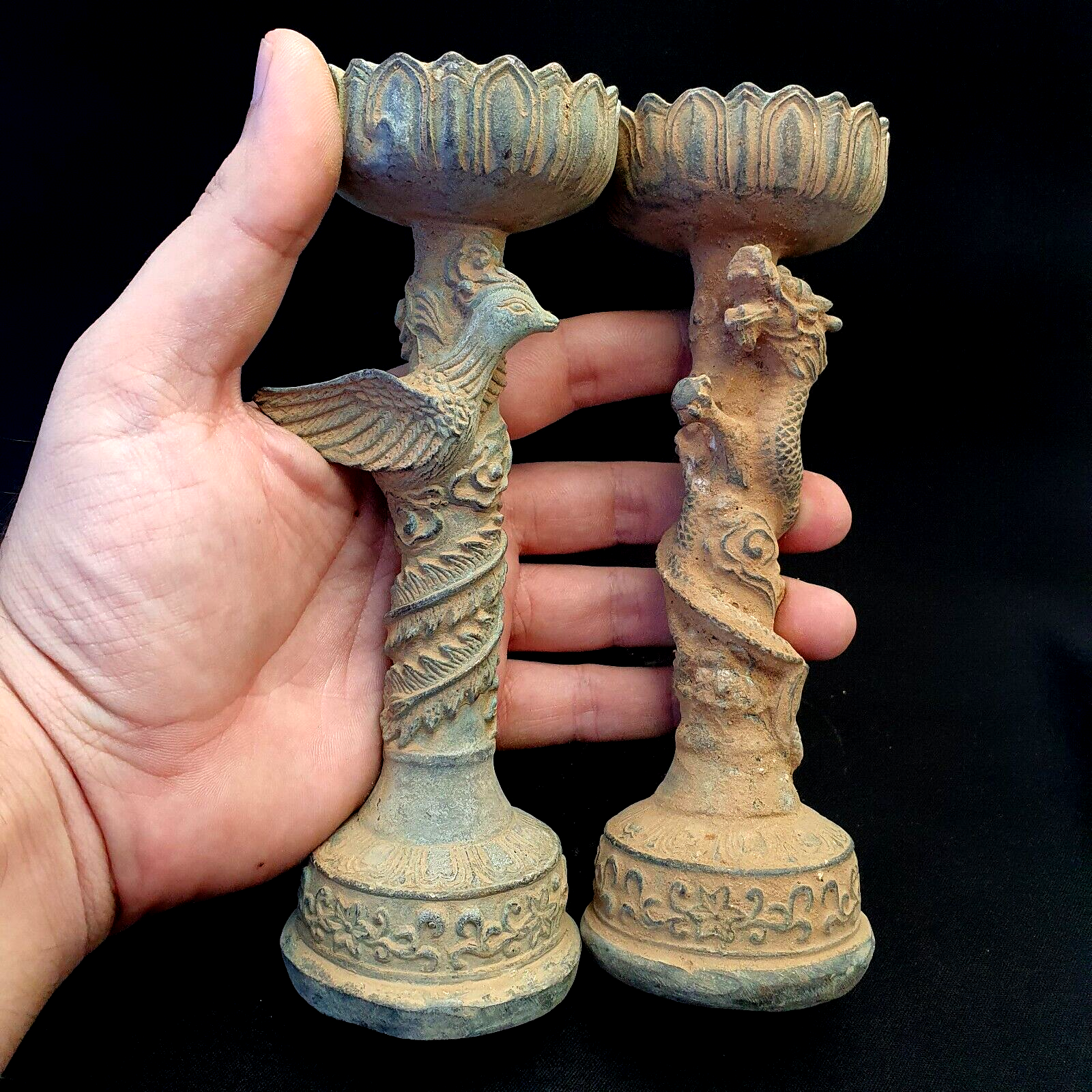 Pair of Antique Bronze Figural Candle Stick Holders Dragon And Bird Figurine