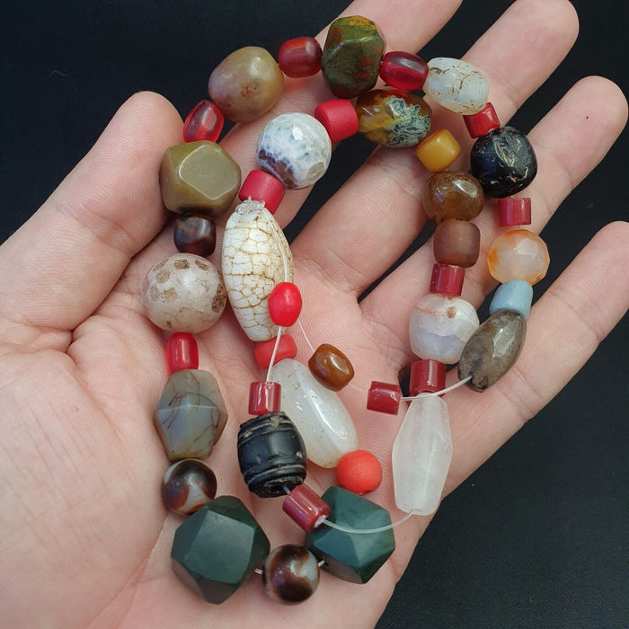 Antique Vintage Himalayan African Afghan Carnelian Agate Old Glass Bead Necklace