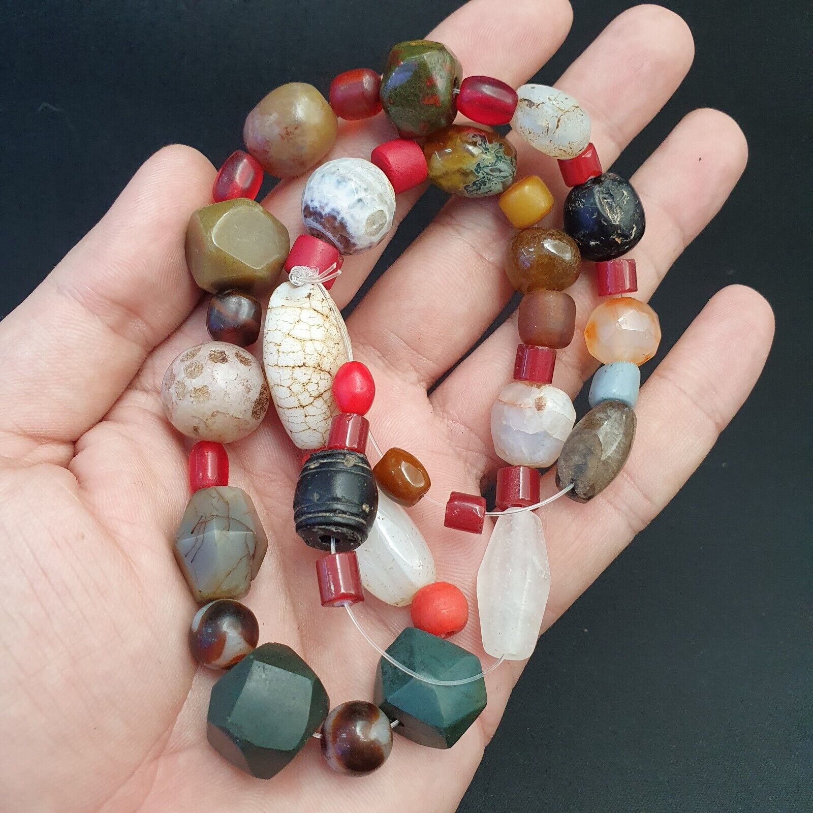 Antique Vintage Himalayan African Afghan Carnelian Agate Old glass Bead Necklace